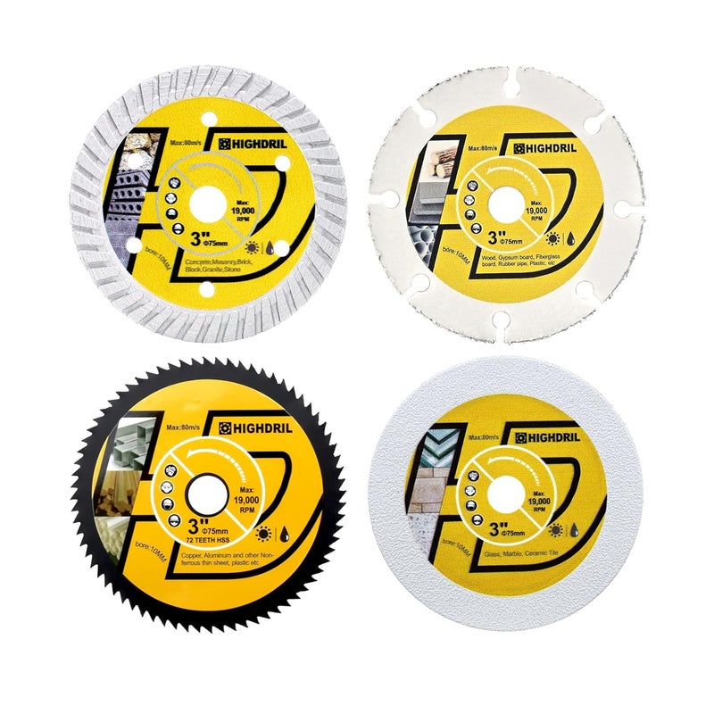 HIGHDRIL 3" 75mm Circular Saw Blade Set 4pcs - Diamond/HSS/Carbide Cutting Disc for Angle Grinder Cutting Soft Metal Copper Aluminum Granite Tile Marble Granite Plastic Wood Glass - Image 1